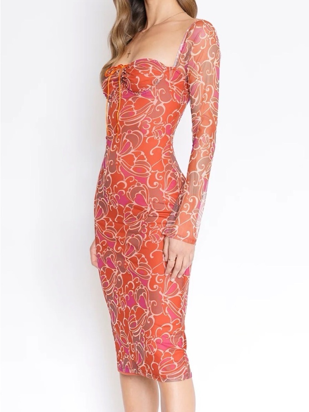 4SI3NNA Pink & White Long Sleeve V-Neck Patterned Dress